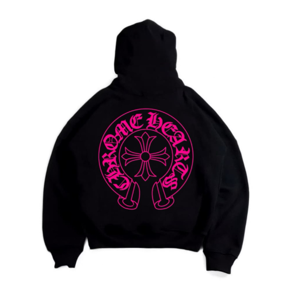 Hoodie Boxy Oversize Hitam CHROME HEART PINK Pria dan Wanita Gramasi 300gsm