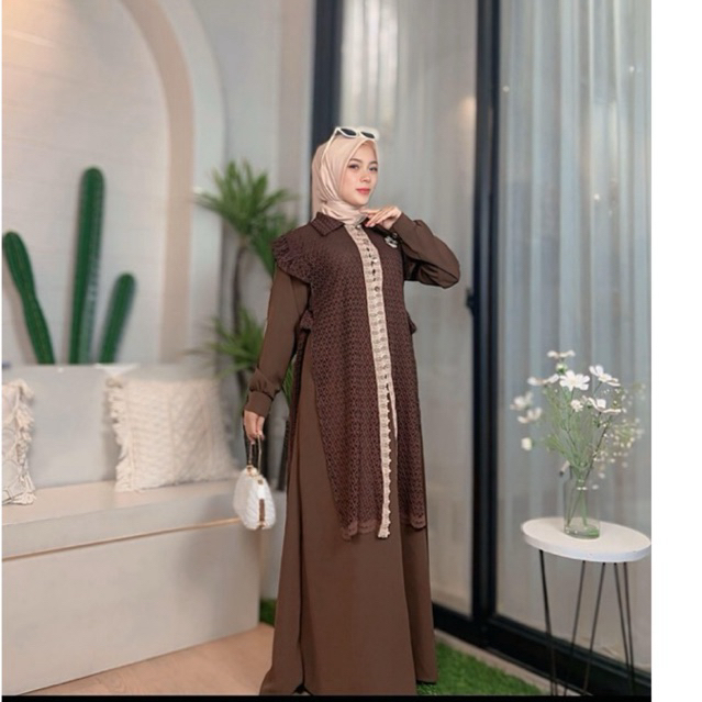Grade Ori Kinan Set Dress,Gamis Wanita Outer Brokat,Dress Pesta Kondangan Muslimah Model Rompi