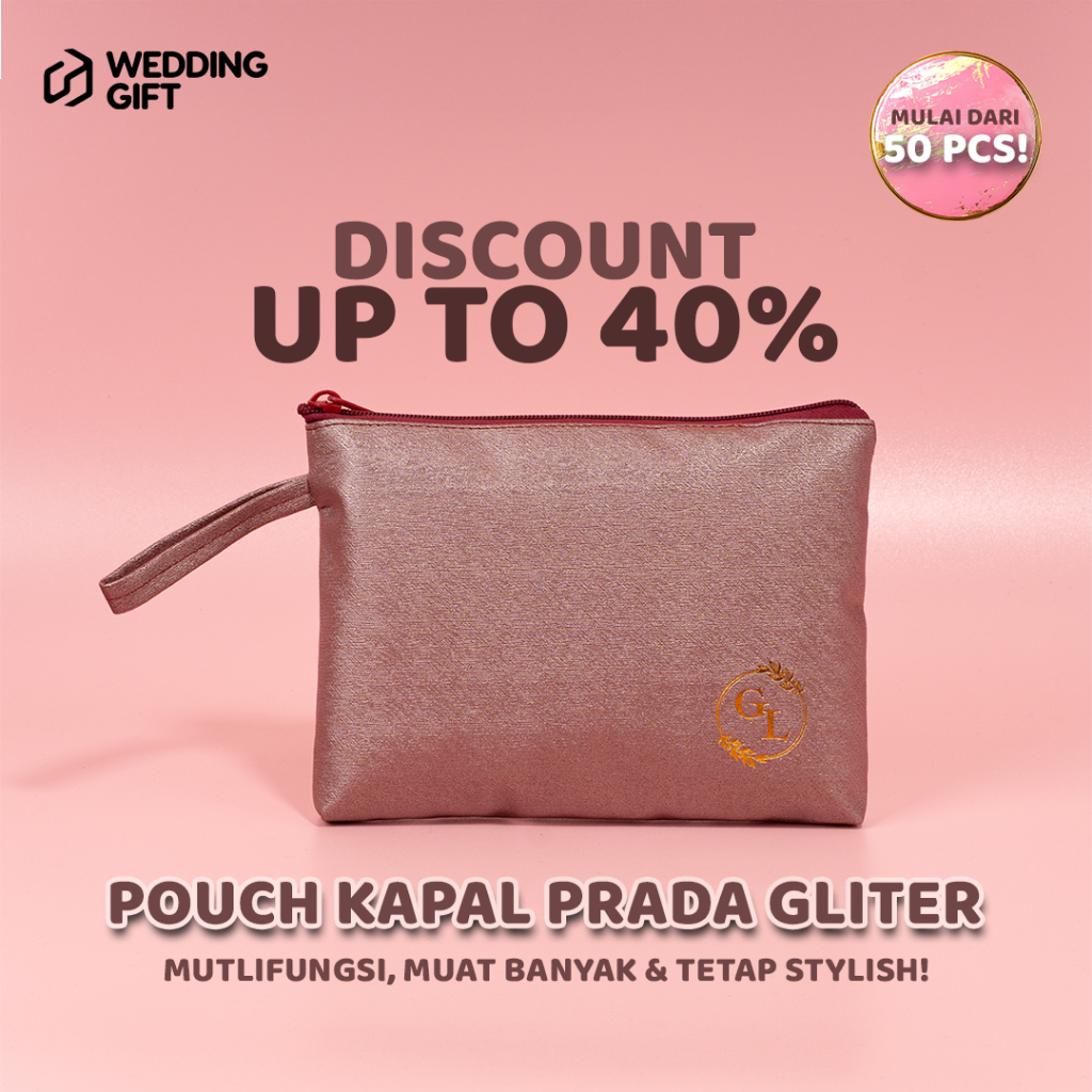 Wedding Gift Custom Souvenir Pernikahan Kapal Metalik Pouch Make Up Prada Gliter souvenir murah berm