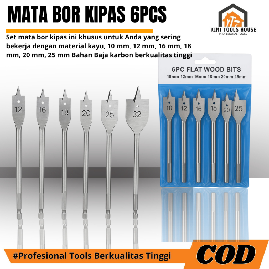 Mata Bor Kipas Kayu Set 6 Pcs Ukuran 10, 12, 16, 18, 20, 25 mm / Mata Bor Pelubang Kayu Triplek Papa