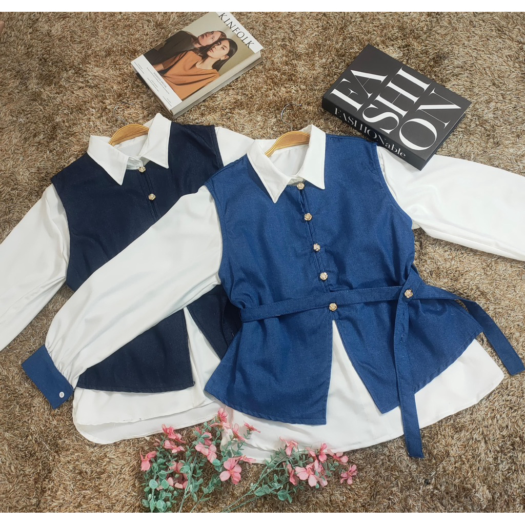 Kode 1103 Set Rompi jeans dan Kemeja Shakila Wanita Allsize