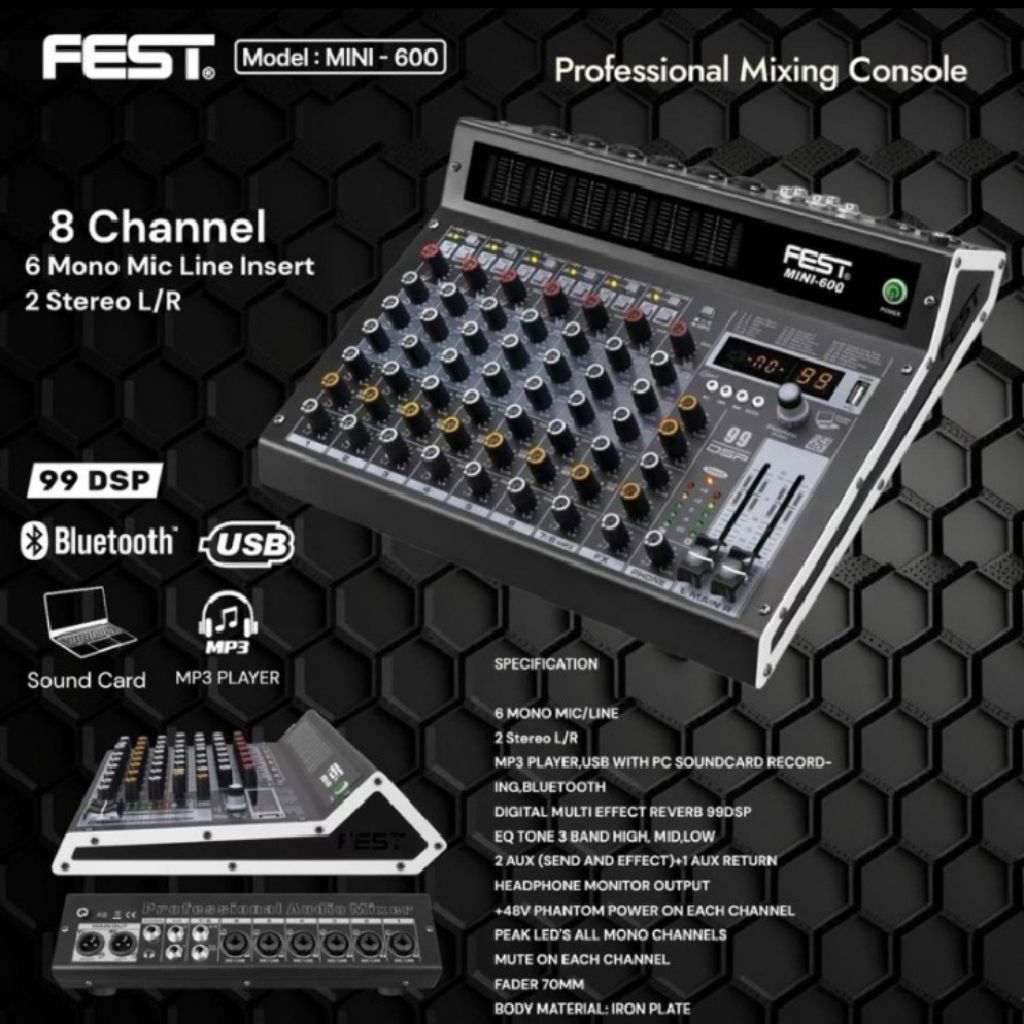 Mixer audio Fest Mini 600 bluetooth usb soundcard 8channel 99dsp reverb