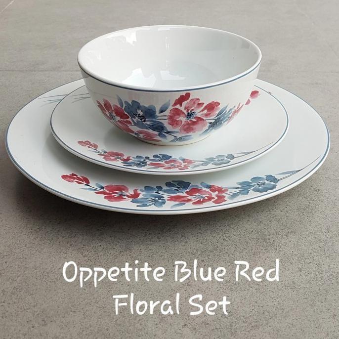 DINNER SET OPPETITE 20 PCS Oppetite Blue Red Floral Set 5 Piring Makan 5 Piring Salad 5 Mangkuk 5 Ge