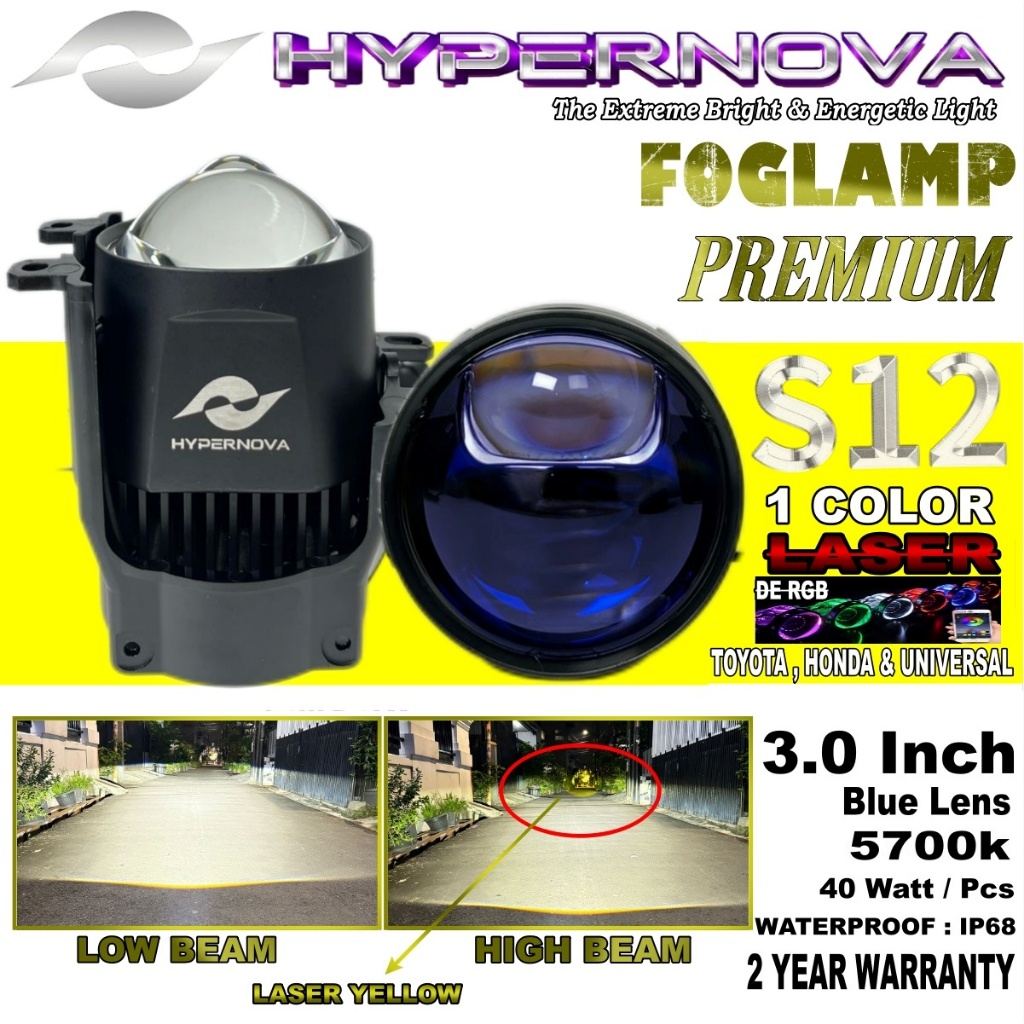 Foglamp Biled S12 Laser HYPERNOVA Bluelens 100 Watt Flat cut Off 1 Warna Cahaya Laser Foglamp Mobil