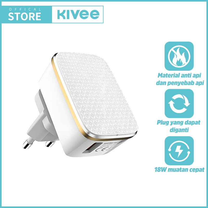 KIVEE Charger Type C Fast Charging 18W Smart LED Indicator AT33E For iPhone Samsung OPPO Xiaomi Asli