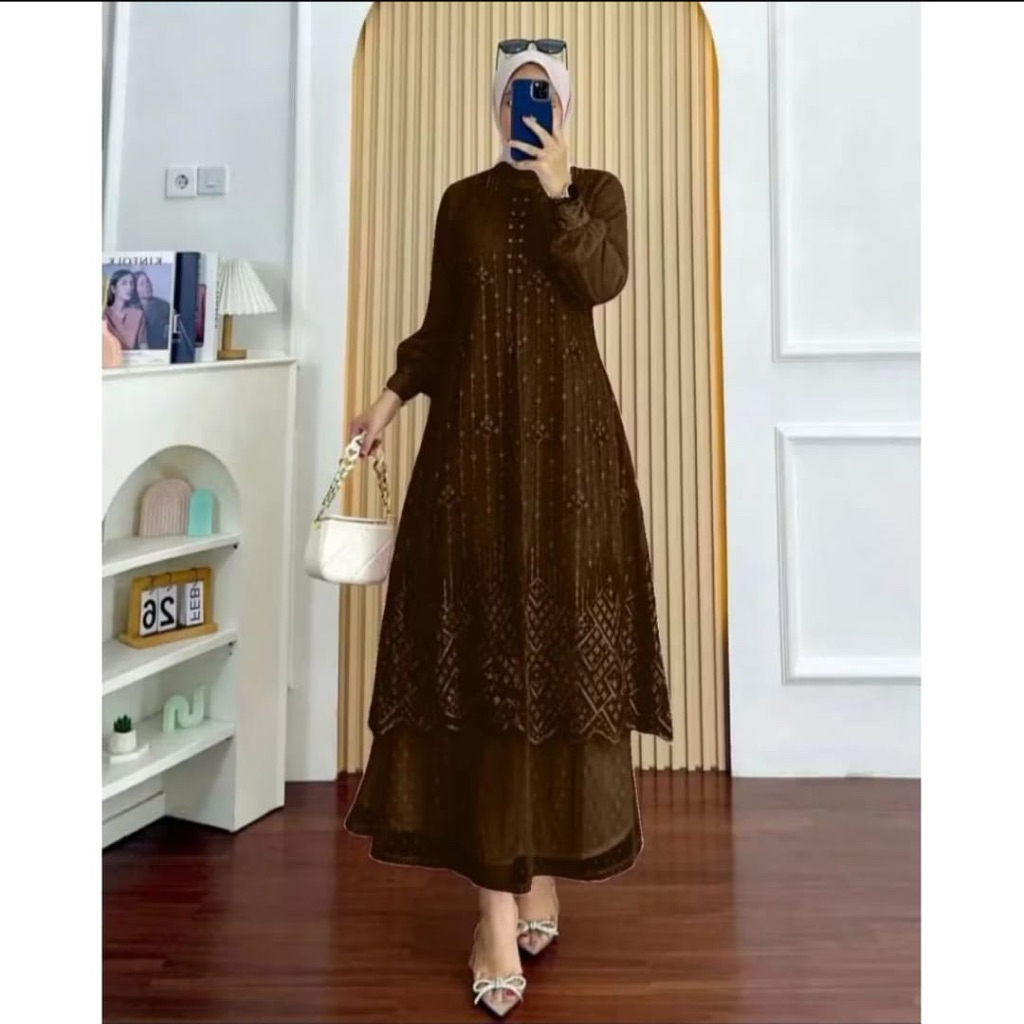 Rinjani Dress Gamis Brukat Mix Tille Gamis Simple Elegan Terbaru Dan Terlaris Model Kekinian 2025