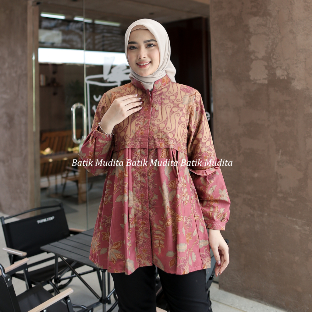Batik Mudita Motif Laksita Batik Wanita Modern Lengan Panjang Warna Pink Katun Printing Halus