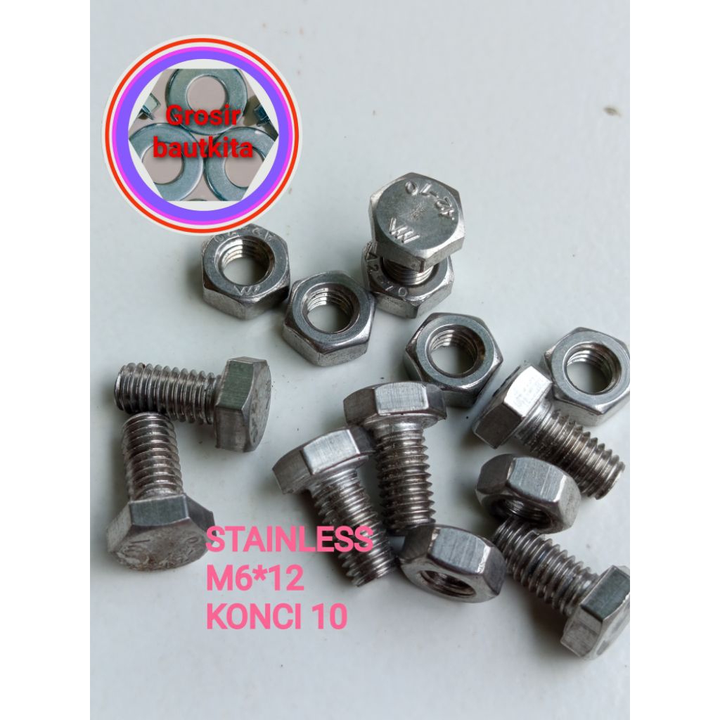1,PASANG..BAUT 10.BAUT STENLIS BAUT STAINLESS KONCI 10 PANJANG 1,2 cm .BAUT HEXSAGONAL, BAUT BMP M6*