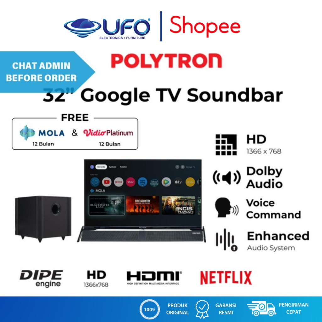 POLYTRON SMART GOOGLE TV 32 INCH CINEMAX SOUNDBAR PLD32BG5058
