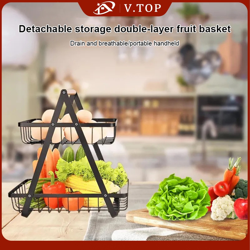 Keranjang Rak Dapur Rak Buah Besi Rak Dapur Besi Kayu Serbaguna Dapur Rak 2 Tingkat Dapur