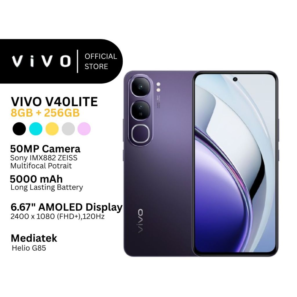 Ready Stock Vivo V40 Lite 5G 8GB/256GB - AI Aura Light Potrait, AI Erase, 80W FlashCharge, 32MP Fron