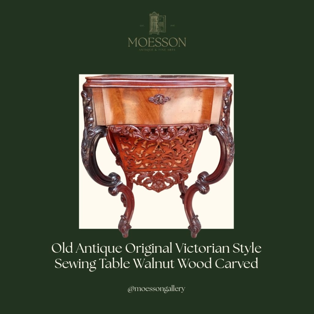 Meja Jahit Gaya Victoria Original Ukir Kayu Walnut Antik Jadul Tua