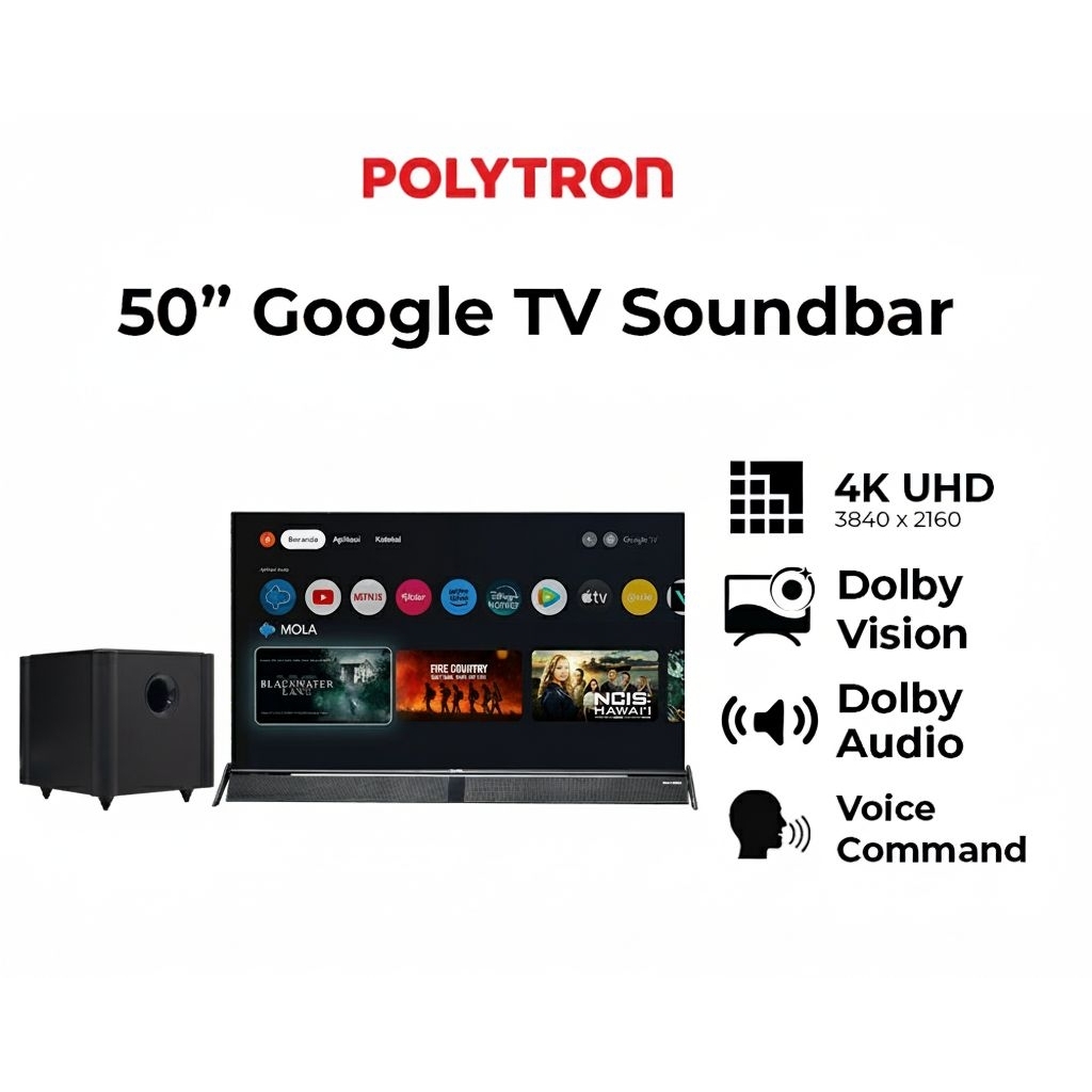 POLYTRON LED 50 INCH SOUNDBAR PLD 50 BUG 5058 GOOGLE TV POLYTRON PLD50BUG5058 POLYTRON 4K UHD Smart 