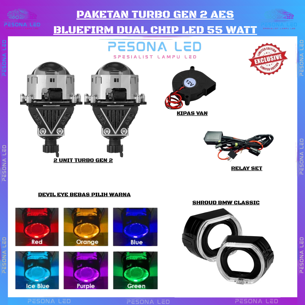 PAKET LENGKAP DOUBLE BILED Biled Turbo Gen 2 Bluefirm 3 Inch Dual Chip Led 55 W Bilaser AES Sepasang