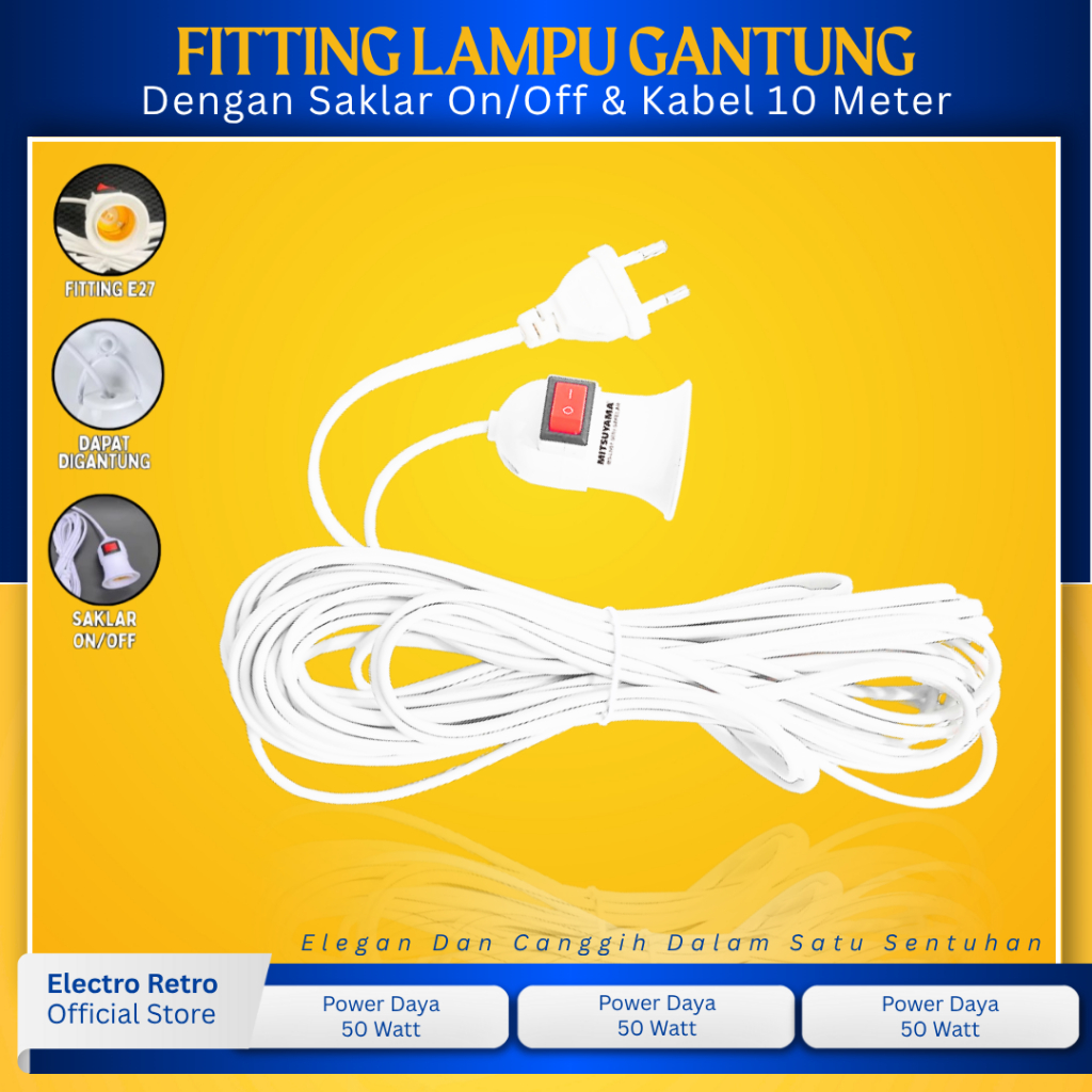 Fitting Lampu Gantung Kabel 10 Meter Saklar On/Off Fitting Lampu E27 Saklar Dengan Kabel 10 Meter Fi