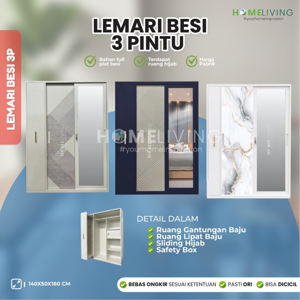 HOMELIVING - LEMARI BAJU BESI 3 PINTU+RAK HIJAB - LEMARI SLIDING 2 PINTU+1RAK PENYIMPANAN - LEMARI S