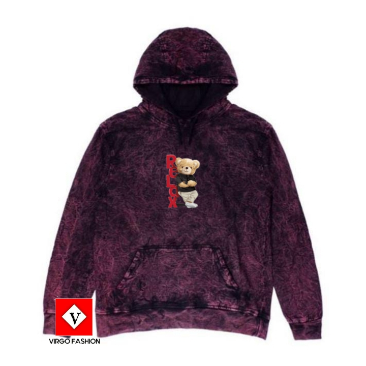 Hoodie Sweater Washing Tie Dye Teks Bear Marooon Jumper Unisex / Sweater Pria / Sweater Wanita / Swe