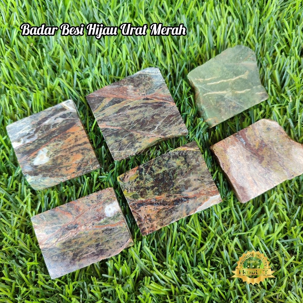 Bahan Batu Badar Besi Hijau Urat Merah Asli Natural / Lempengan Batu Badar Besi Hijau Urat Merah / B