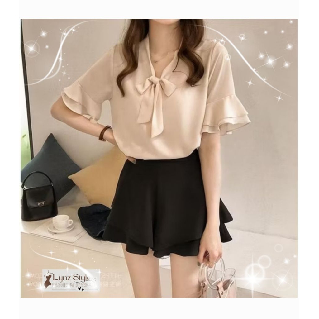 Blouse Atasan Baju Wanita Pita Merah Putih Cream Korea Import