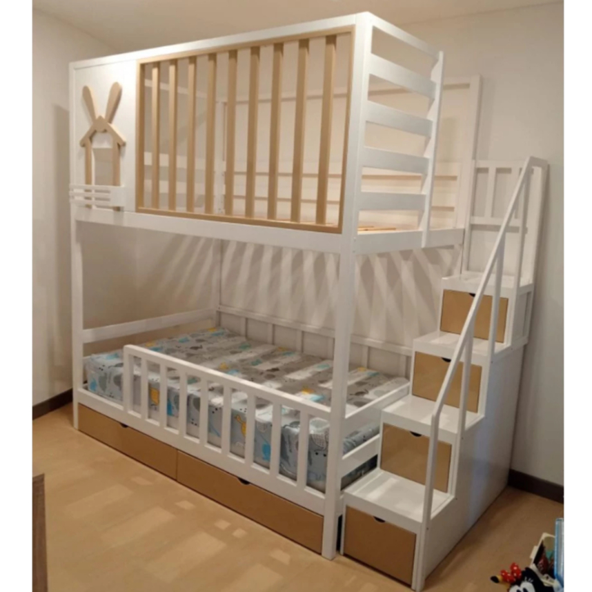 Tempat Tidur Tingkat Anak Minimalis Modern Kayu Jati belanda dengan Tangga Laci Multifungsi – Kasur 