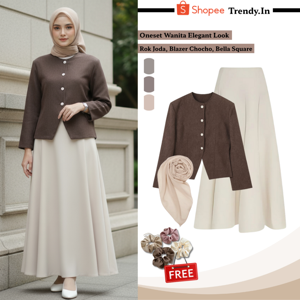 Ailee Oneset 3in 1 Blazer Choco, Rok Joda Ivory, Hijab Bella Square | Setelan Blazer Rok Panjang Wan