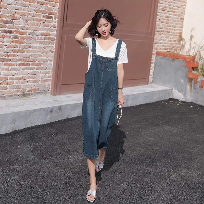 Rok Jeans Gantungan Panjang Retro dengan Saku Besar