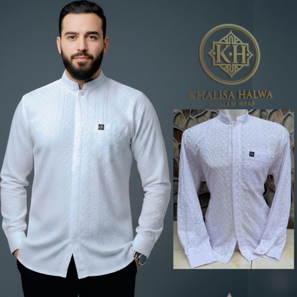 Katun Paris Koko Pria Motif Timbul Putih Bersih - Koko Pria Putih