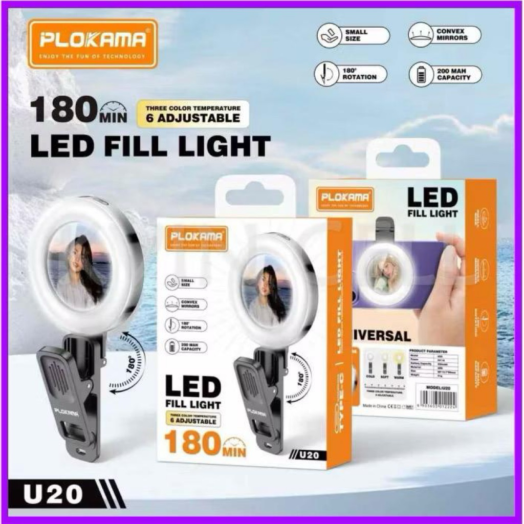 PLOKAMA U20 PL2 Ring Led Selfie Mirror Clip HP Kaca Cermin Praktis Jepit Untuk Selfie & Konten denga