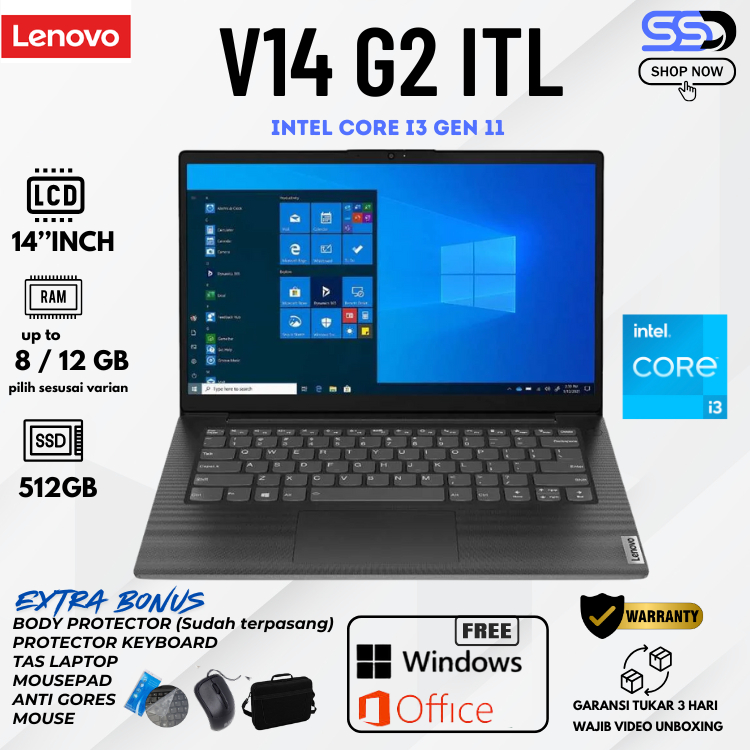 LENOVO V14 G2 Core i3-1115G4  RAM 12GB-SSD 512GB 14''INCH W 11 Free MOUSE DAN TAS LAPTOP