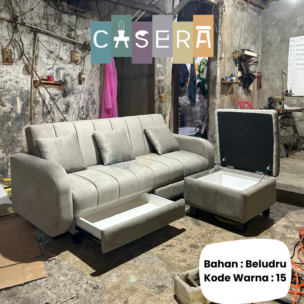 Sofa Bed Diva's + Stool Storage | Sofa L Shape Minimalis | Sofa Ruang Tamu TV | Sofa L Sudut Minimal
