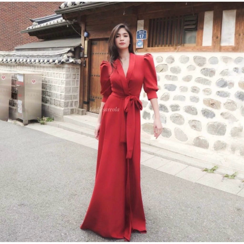 LUCIO GOWN - Gaun pesta wanita v neck puff sleeves maxi slit long dress baju pesta party merah red b