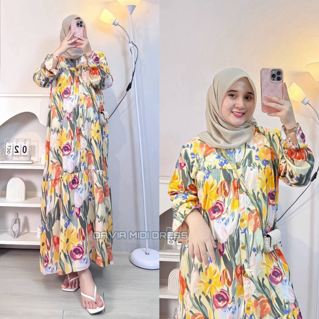 DAVIA lengan balon  Dress Rayon Gamis Murah Berkualitas Gamis Lengan Balon