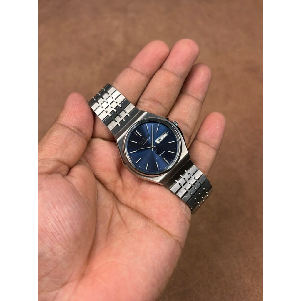 JAM TANGAN PRIA CITIZEN QUARTZ CQ CRYSTRON 8550 BLUE DIAL JAPAN VINTAE RARE