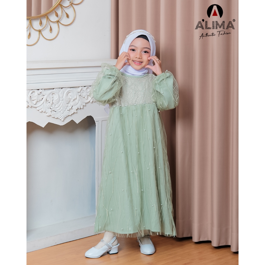 Baju Gamis Anak Perempuan Motif Brokat Usia 3-12 Tahun Bahan Shakilla Mix Tille Tanpa Hijab