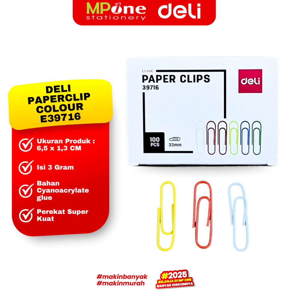 Deli Paperclip Warna 33mm 39716 / Klip Kertas Warna Warni Isi 100 Pcs / Paperclip Colour E39716 DELI