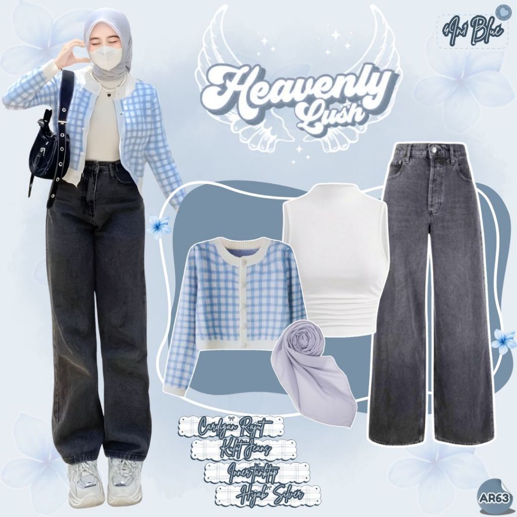 Setelan Hijab Korean Style ( Cardigan Rajut+Kulot Jeans+ Inner Tanktop+Hijab ) Look Aesthetic - AR63
