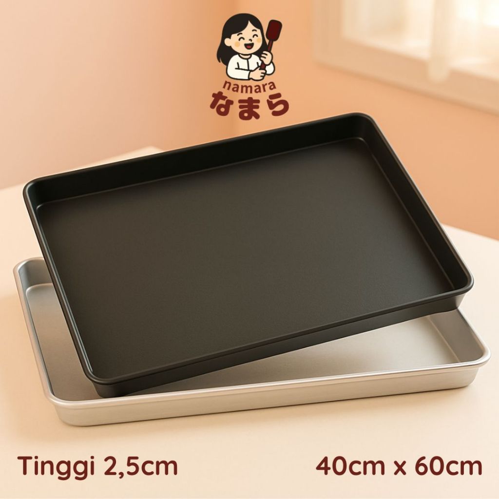 NAMARA Loyang Roti Kue 40x60cm Anti Lengket Black Teflon & Silver Aluminium Tinggi 2.5cm | Loyang Ov