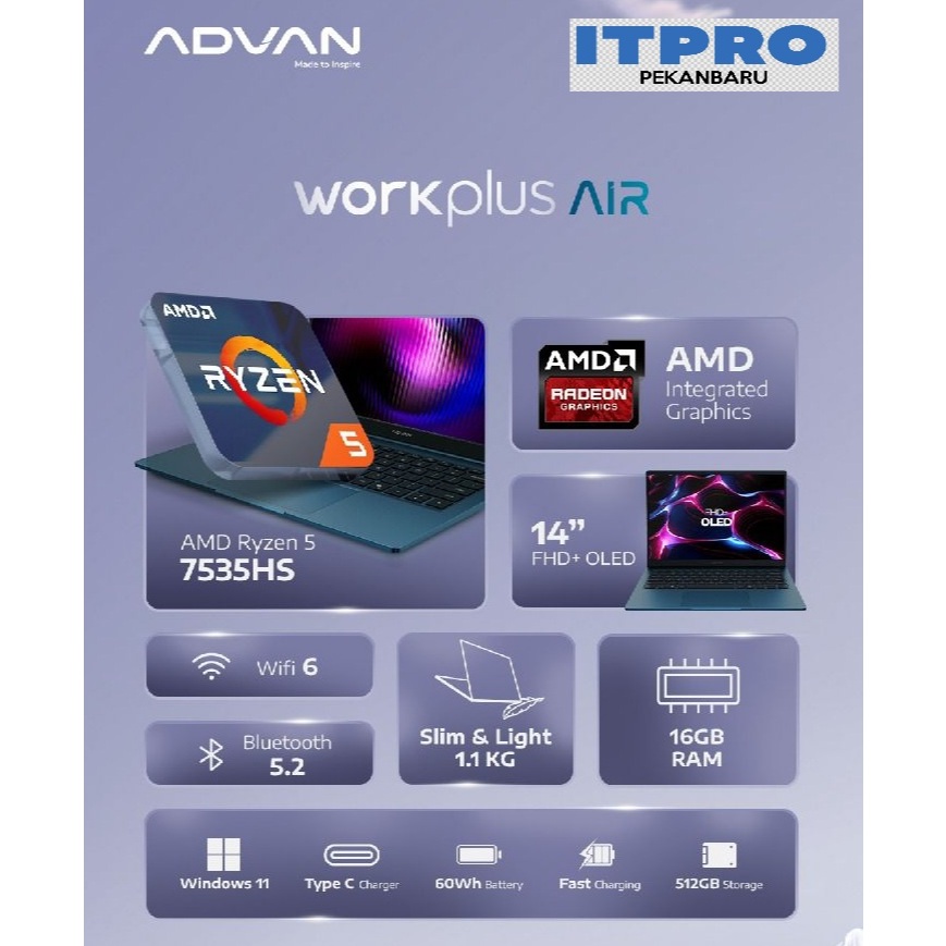 ADVAN WORKPLUS AIR NOTEBOOK AMD RYZEN 5-7535HS 16GB 512GBSSD OLED W11