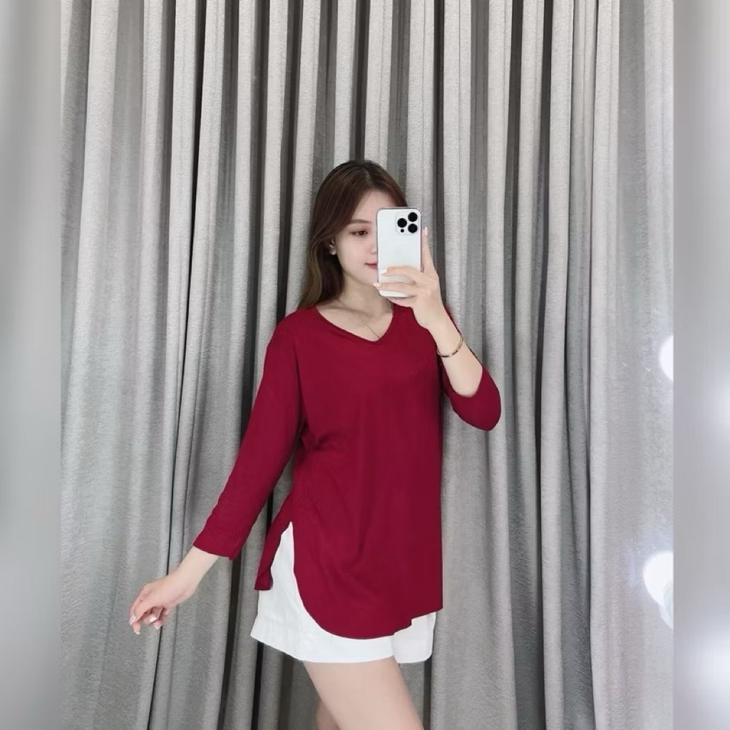 Kaos Oversize Lengan 7/8 | Kaos Jumbo Lengan Panjang | Kaos Oversize Slit | Kaos Wanita Lengan 7/8