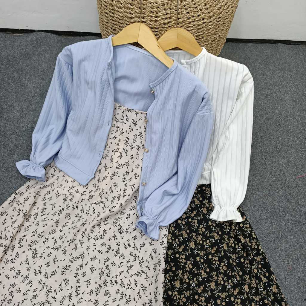 SETELAN WANITA OVERAL DRESS + CROP CARDIGAN KNIT HORNET | ONE SET OVERALL DRESS MOTIF BUNGA KEKINIAN