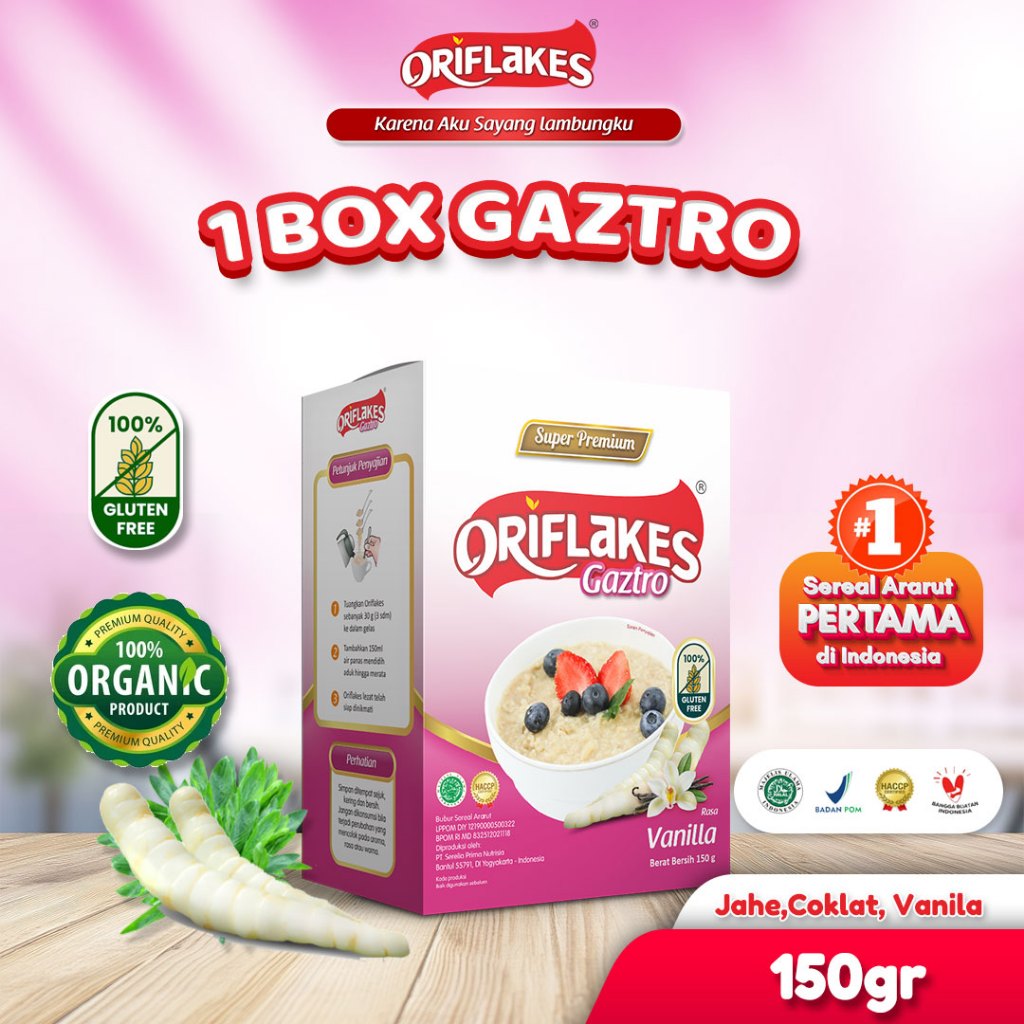 Oriflakes Sereal Umbi Garut - Paket 1 Box @150g Sachet - BPOM Halal - Bantu Atasi Asam Lambung GERD