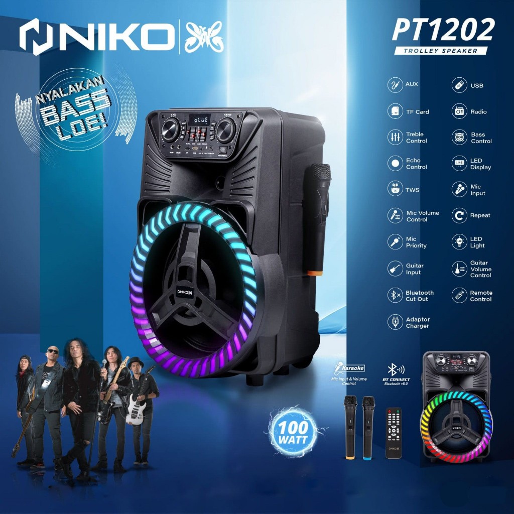Trolley Speaker Niko PT 1202 Trolley Speaker 12 In free 2 mic wireless speaker bluetooth