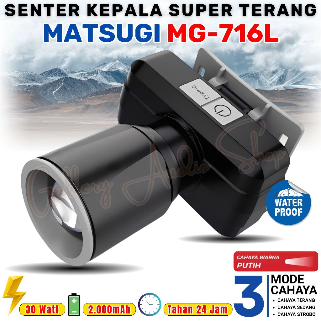 Senter Kepala Zoom LED 30W Super Terang  MATSUGI MG-716L Cahaya Putih | Senter Zoom Bisa Di Cas Taha