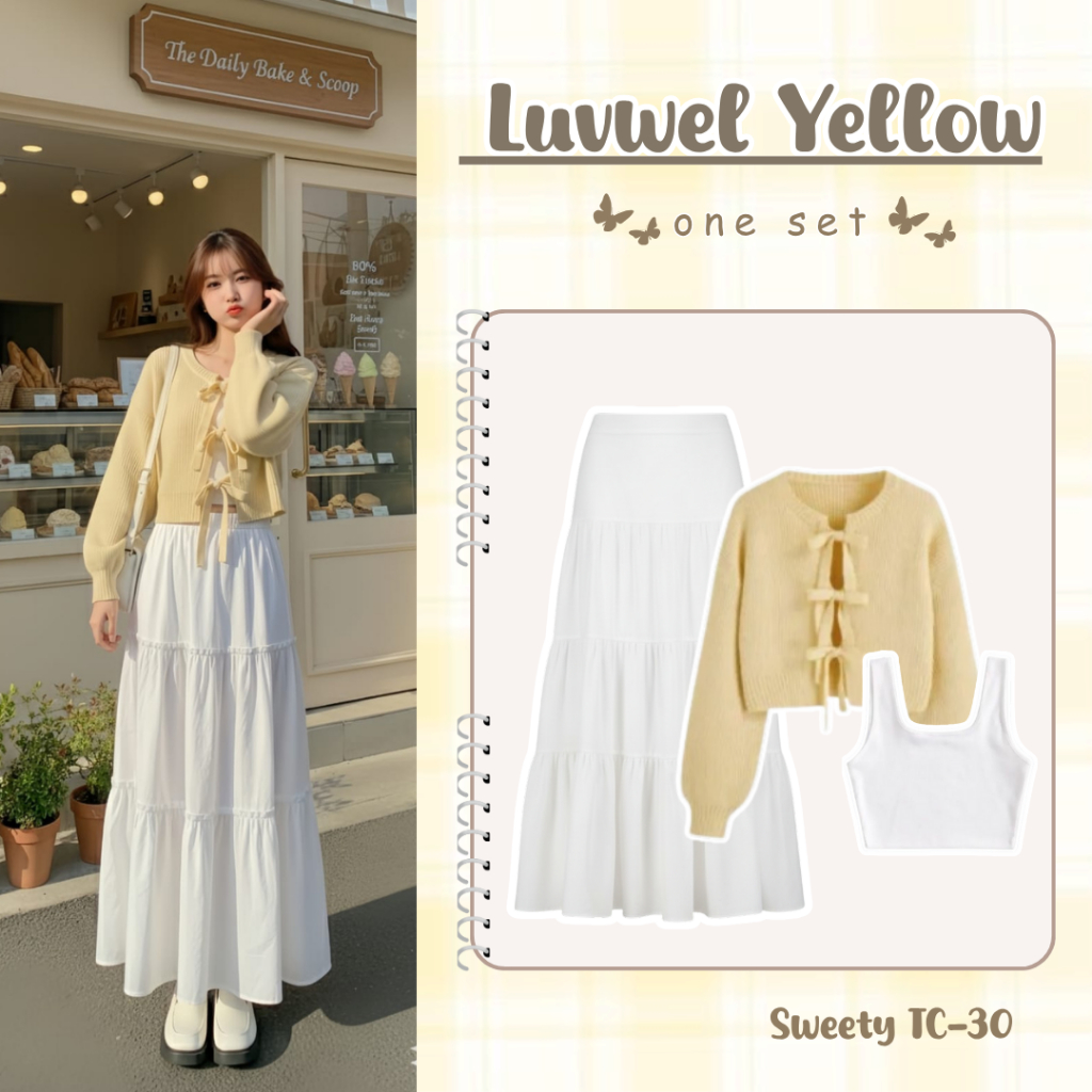 One Set Korean 3 IN 1 Set Feminim ( Rok Susun + Cardigan + TankTop ) Remaja Kekinian Dan Terbaru SWE