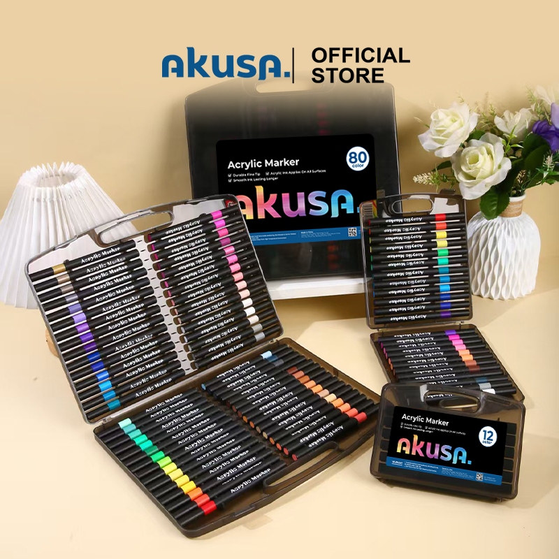 AKUSA Marker Acrylic Brush 24/36/48/60/80 Warna Spidol Akrilik DIY Sketch Painting Tinta Waterproof 