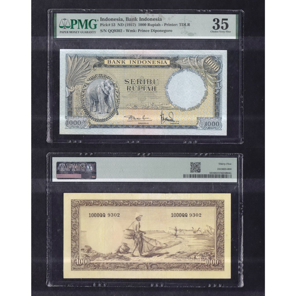Uang kuno PMG 35 - 1000 rupiah seri Hewan (gajah) tahun 1957 S/N QQ 9302