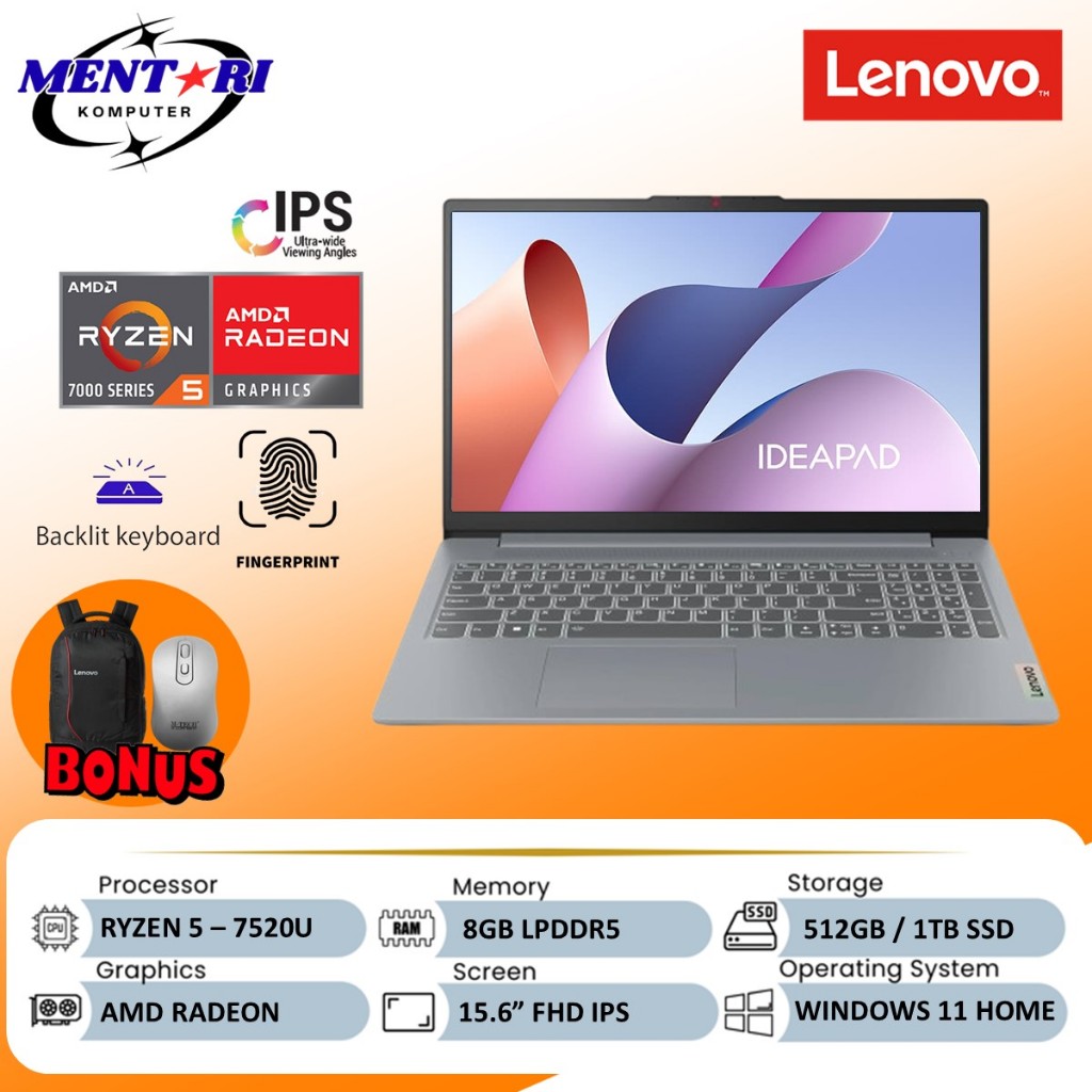 LENOVO IDEAPAD SLIM 3 RYZEN R5 7520U 8GB 1TB SSD FHD IPS WIN11 – Laptop Ryzen Cepat Ringan