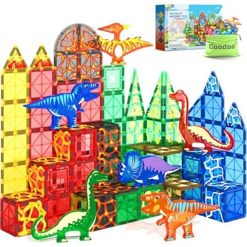 Dinosaur Toys Magnetic Tiles with 8 Dinosaurs Jurassic Scenes Dinosaur World Adventure Set Magnetic