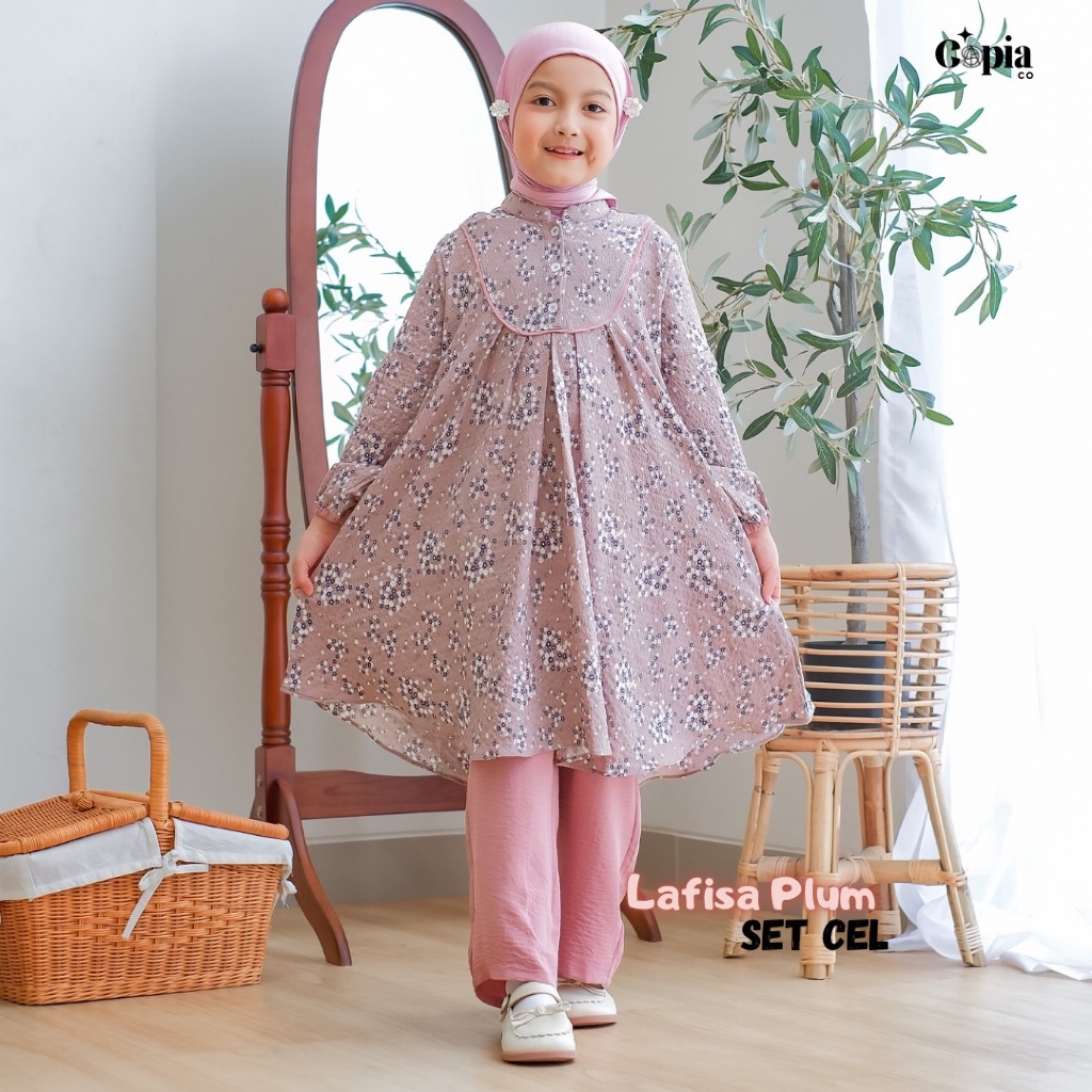 Copiaco - Lafisa Oneset Anak Perempuan Setelan Tunik Set Celana Umur 3-12 Tahun - Plum
