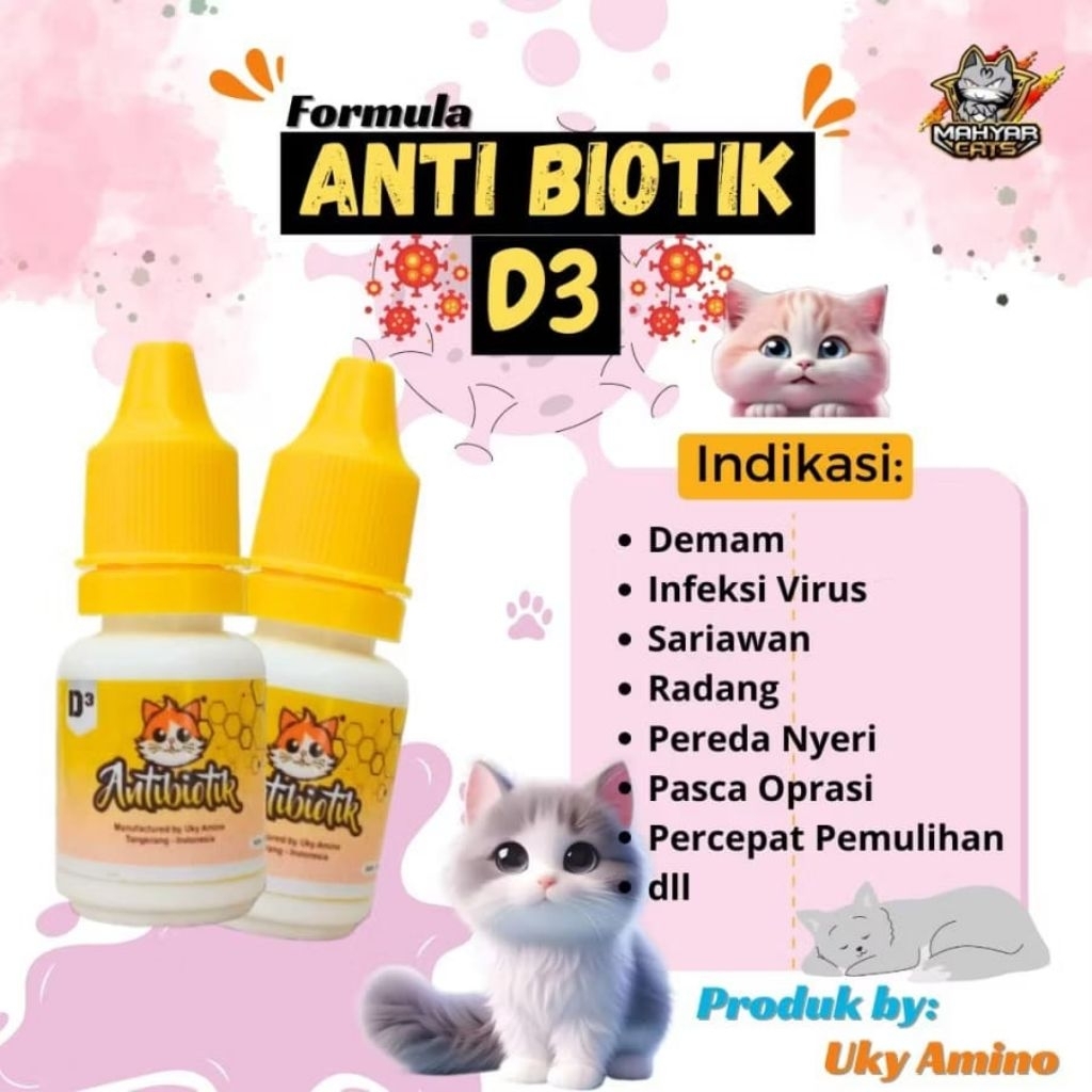 Obat kucing D3 antibiotik cair utk Demam, sariawan dll